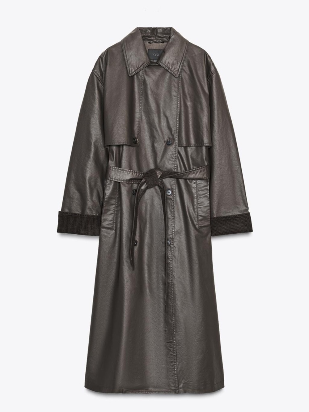 Zara Trench Cordoroy Cuffs Coat Waxing and Dark Brown Long Belted NWT - Picture 6 of 16